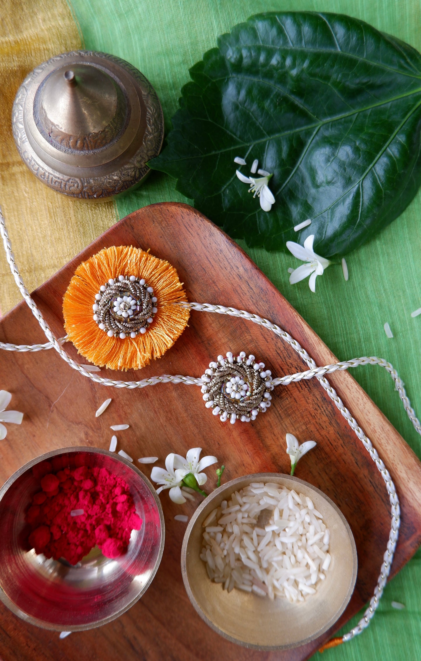 Premium Zardozi Rakhi Set - Golden Resham + Pearl Elegance with Sheesham Wooden Box