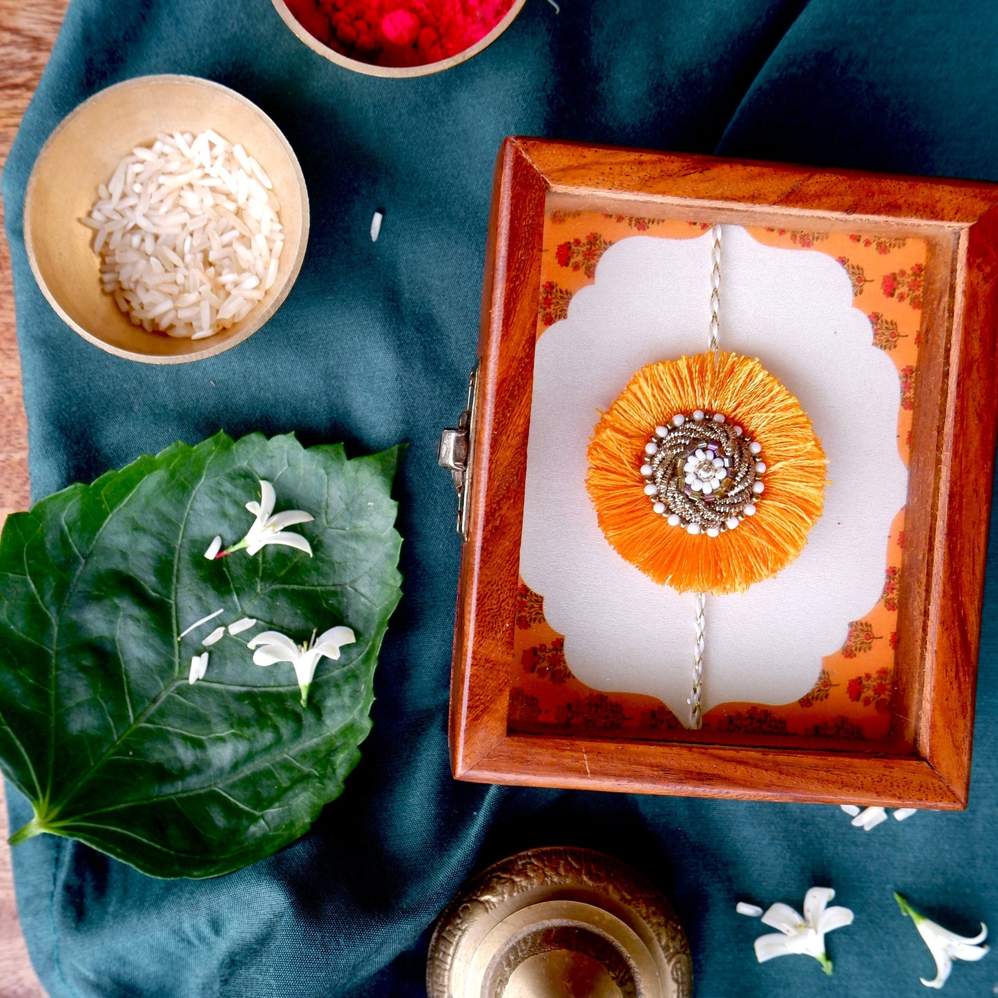 Classic Golden Resham Zardozi Rakhi with Sheesham wooden Box