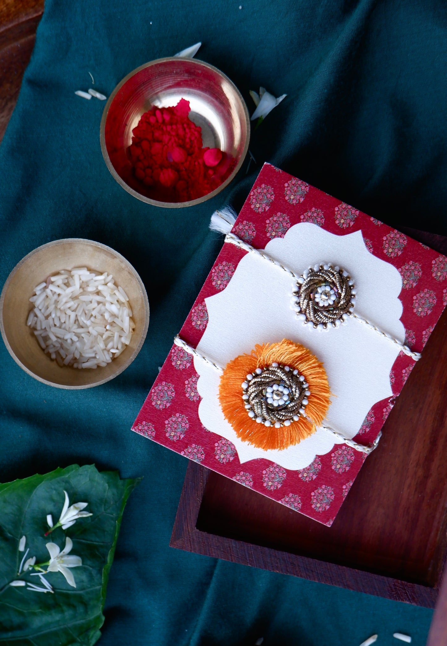 Premium Zardozi Rakhi Set - Golden Resham + Pearl Elegance with Sheesham Wooden Box