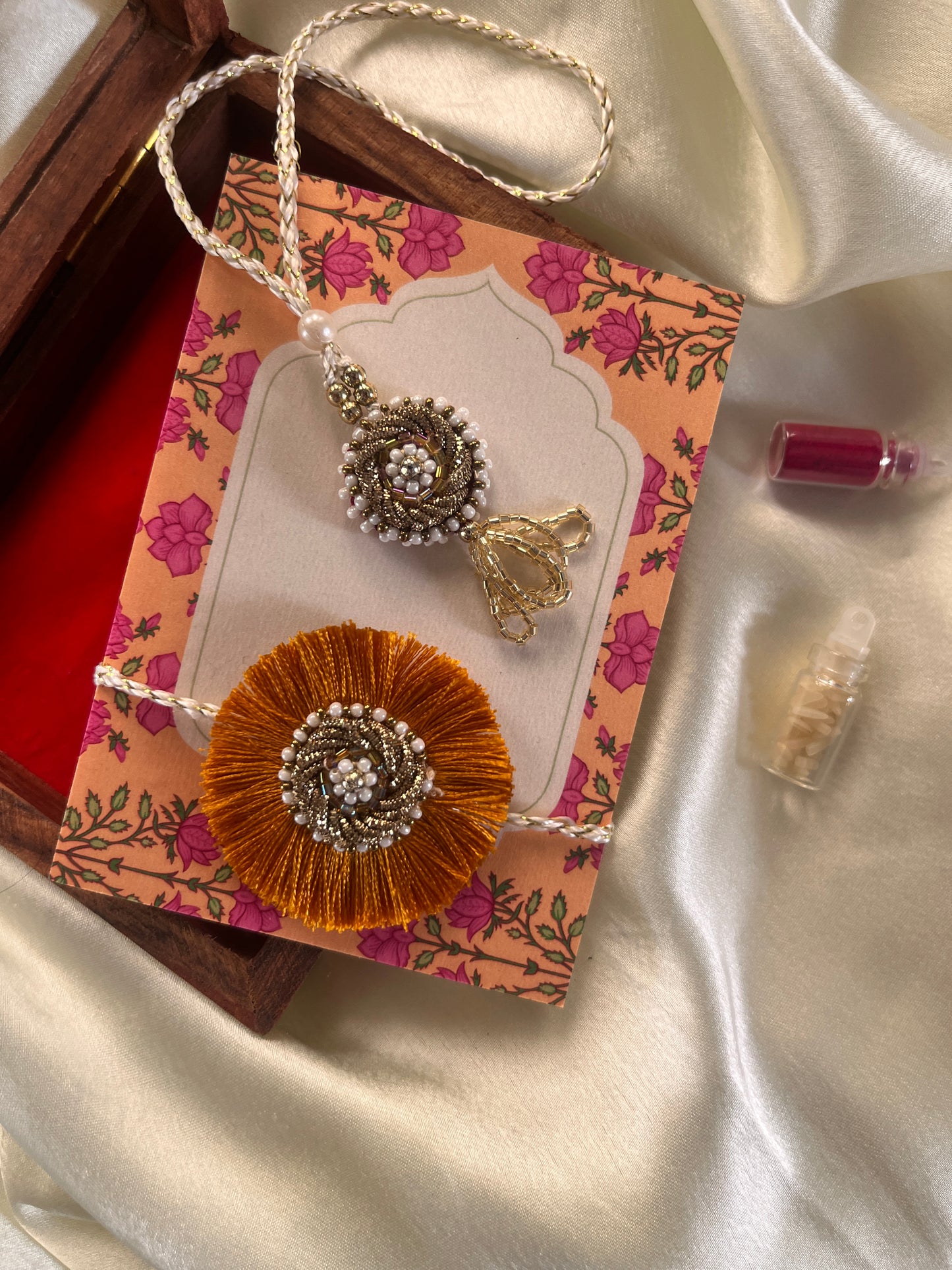 Classic Golden Resham Rakhi + Lumba set ( With Rosewood Box Packaging )