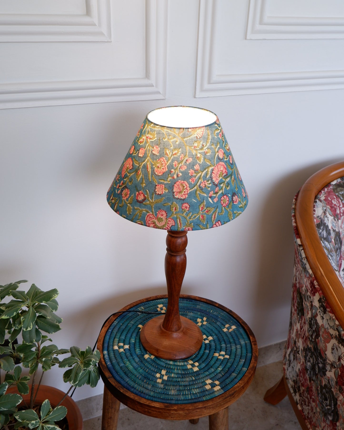 Arthat  Heritage Table  Lamp - Turquoise Blue Floral Block Print