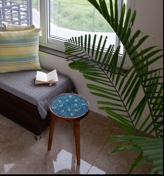 Moonj Grass  Mango Wood Accent  Table / Aqua weave