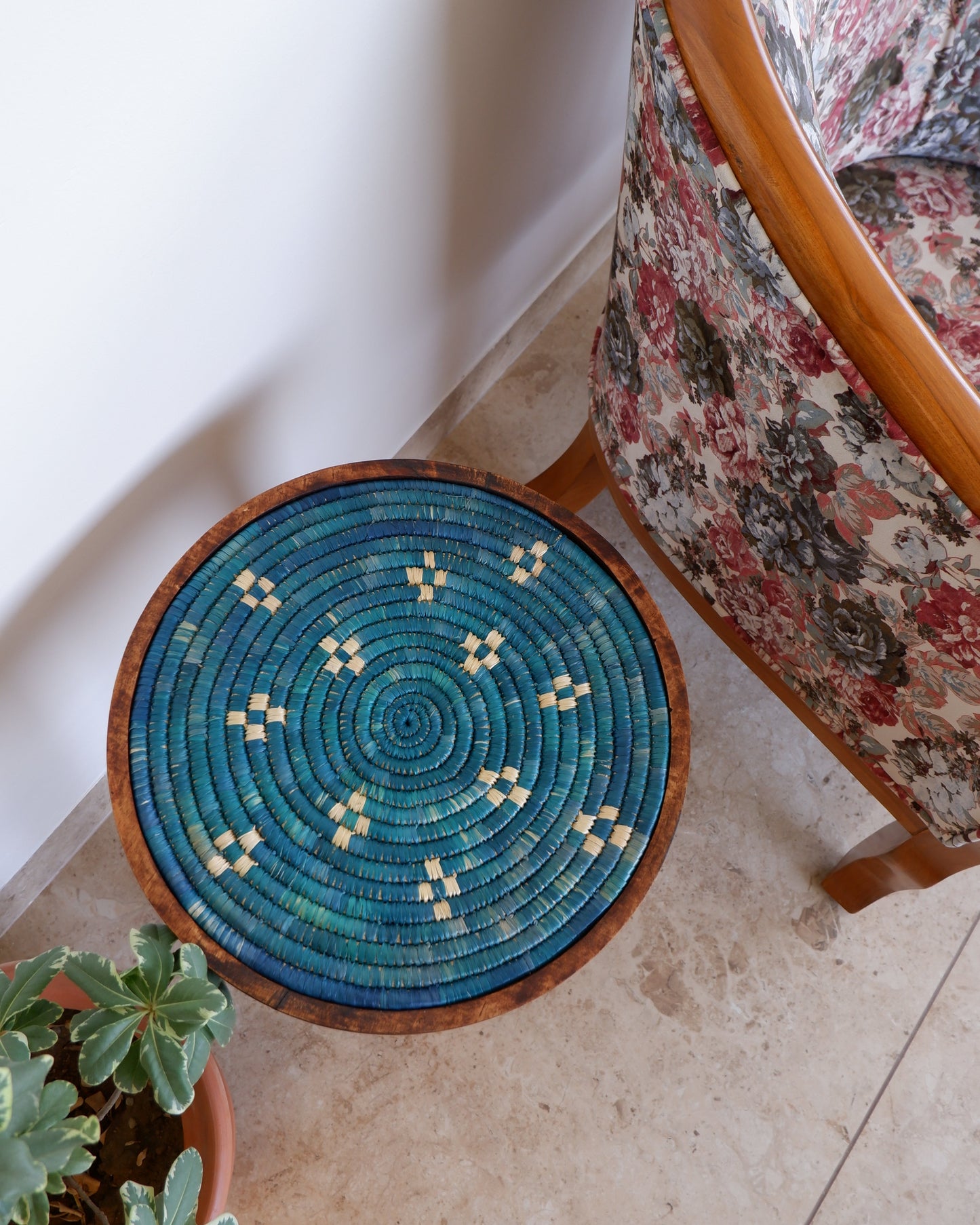 Moonj Grass  Mango Wood Accent  Table / Aqua weave