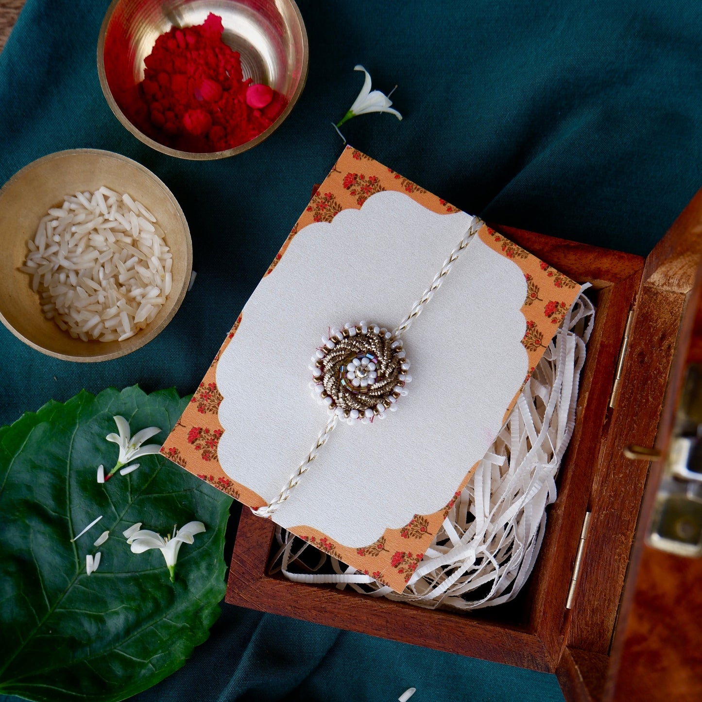 Pearl Elegance Premium Zardozi Rakhi with Sheesham Wooden Box