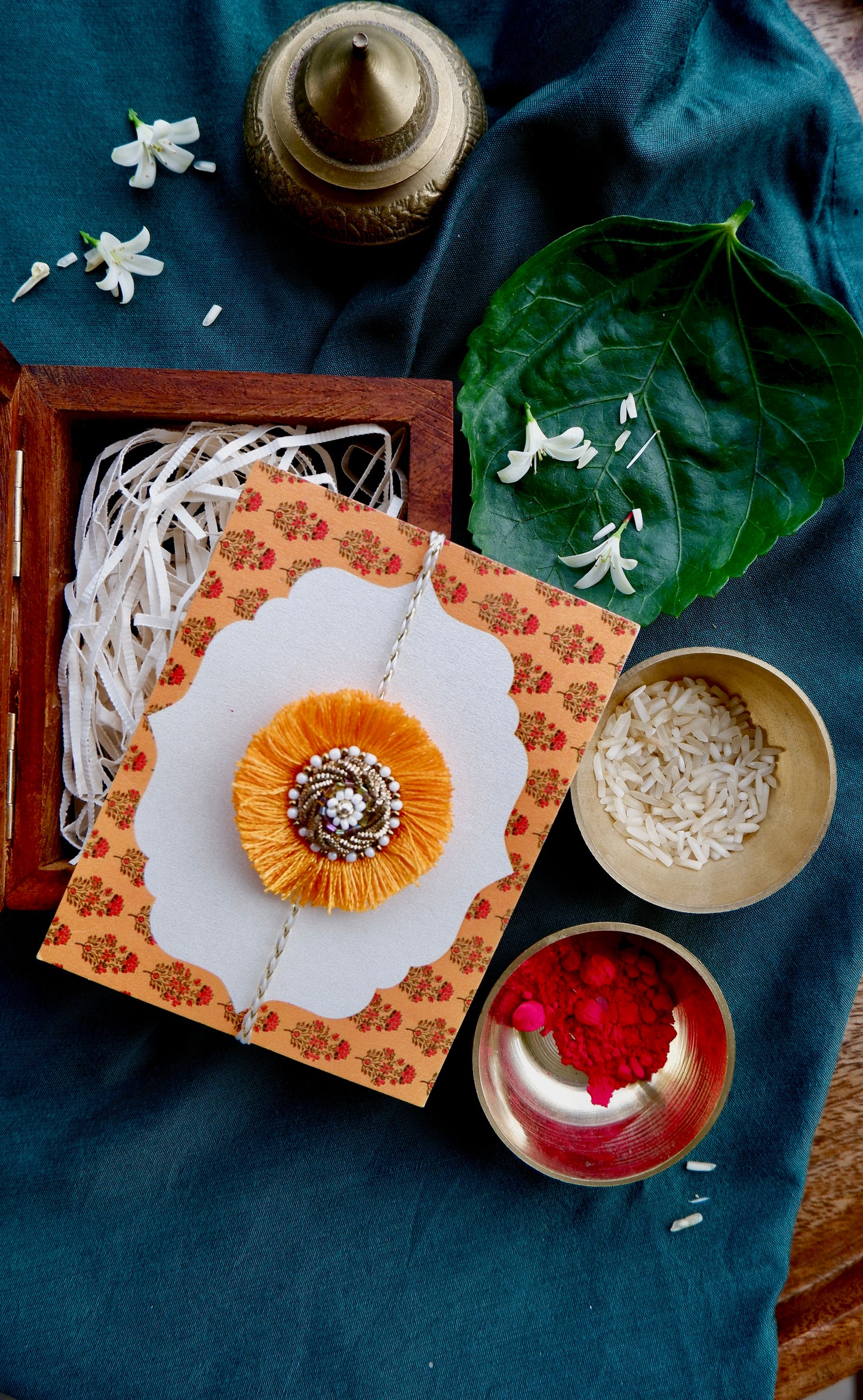 Classic Golden Resham Zardozi Rakhi with Sheesham wooden Box