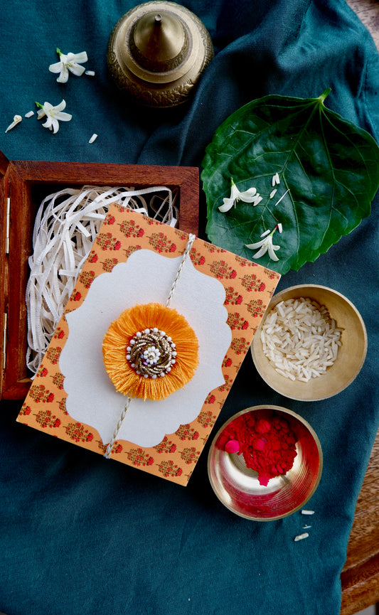 Classic Golden Resham Zardozi Rakhi with Sheesham wooden Box