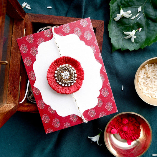 Classic Maroon Resham Zardozi Rakhi with Sheesham Wooden Box