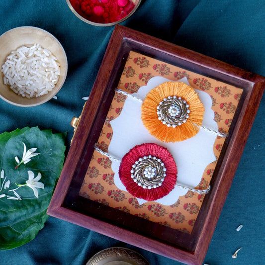 Classic Resham Zardozi Rakhi Set with Rosewood box
