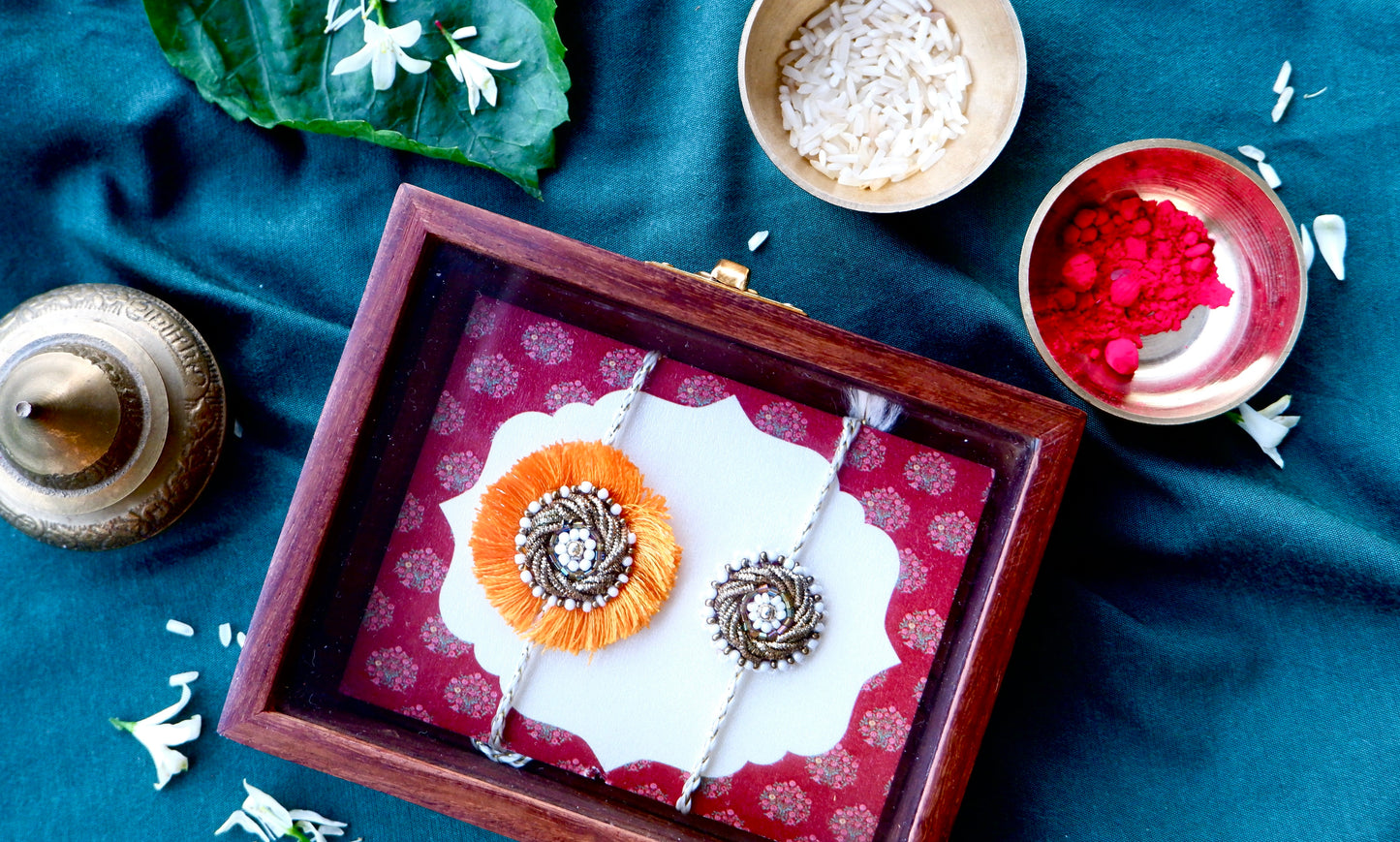 Premium Zardozi Rakhi Set -  Golden Resham + Pearl Elegance with Sheesham Wooden Box