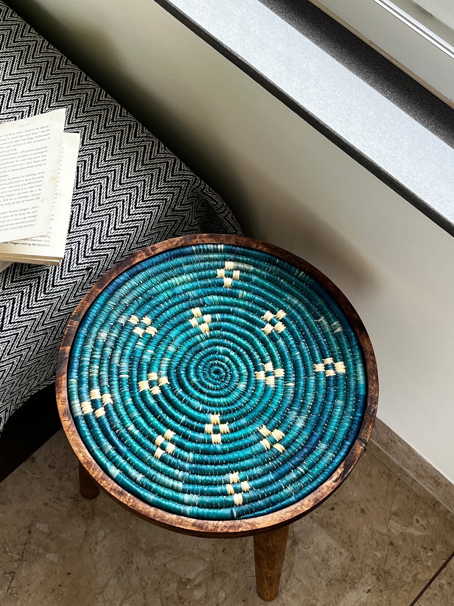 Moonj Grass  Mango Wood Accent  Table / Aqua weave