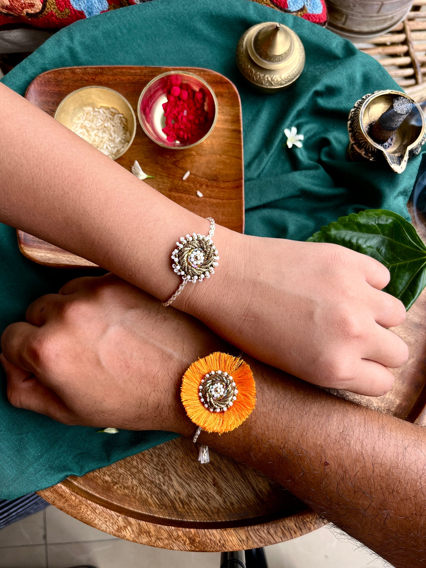 Premium Zardozi Rakhi Set -  Golden Resham + Pearl Elegance with Sheesham Wooden Box