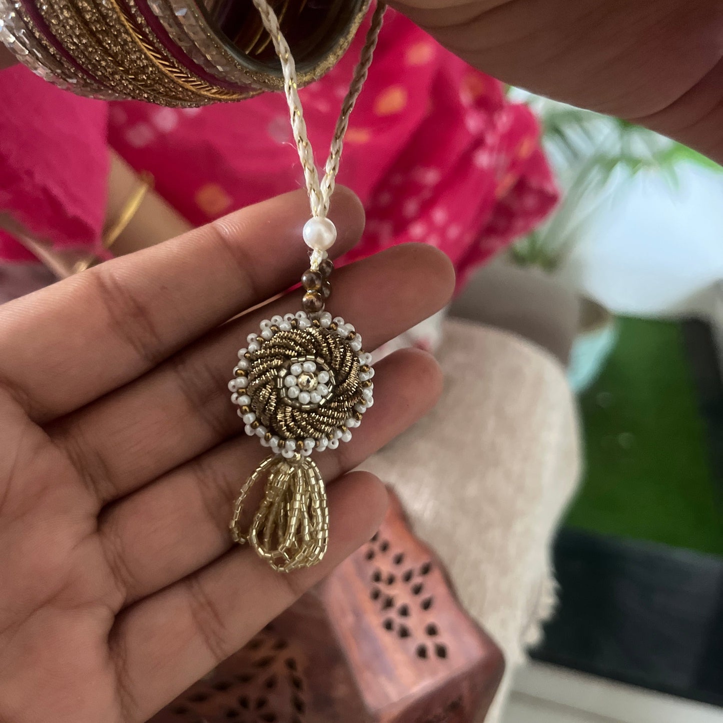 Classic Golden Resham Rakhi + Lumba  set ( With Rosewood  Box Packaging )