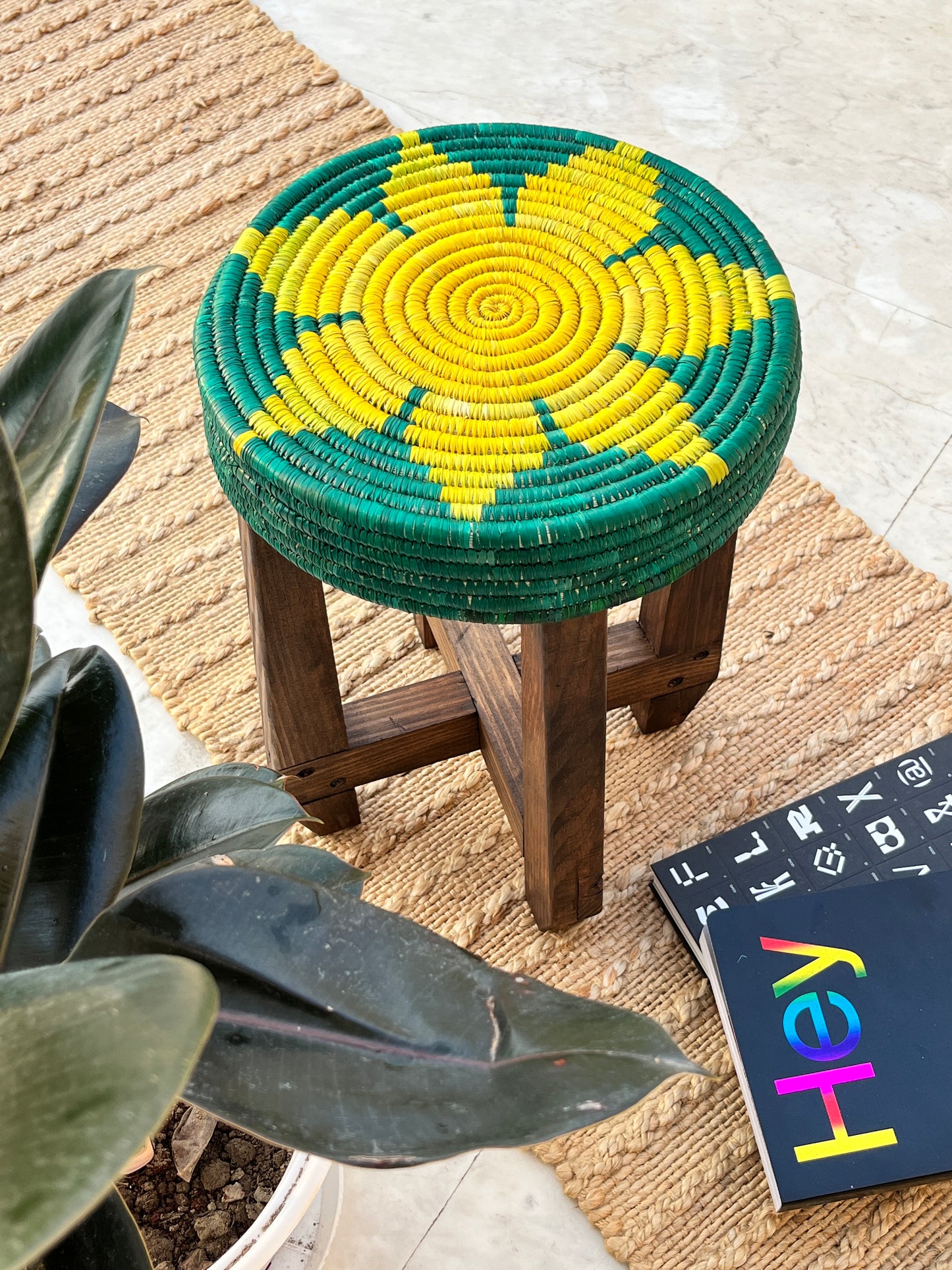 Arthat Moonj Grass Stool - Green  Floral