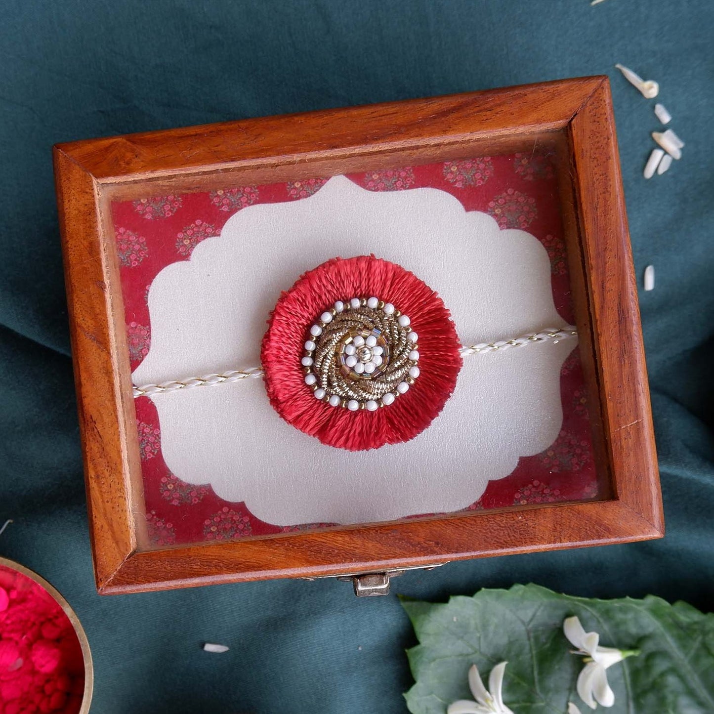 Classic Maroon Resham Zardozi Rakhi with Sheesham Wooden Box