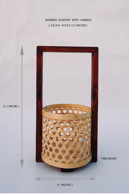 BAMBOO STAR WEAVE PLANTER WITH WOODEN HANDLE