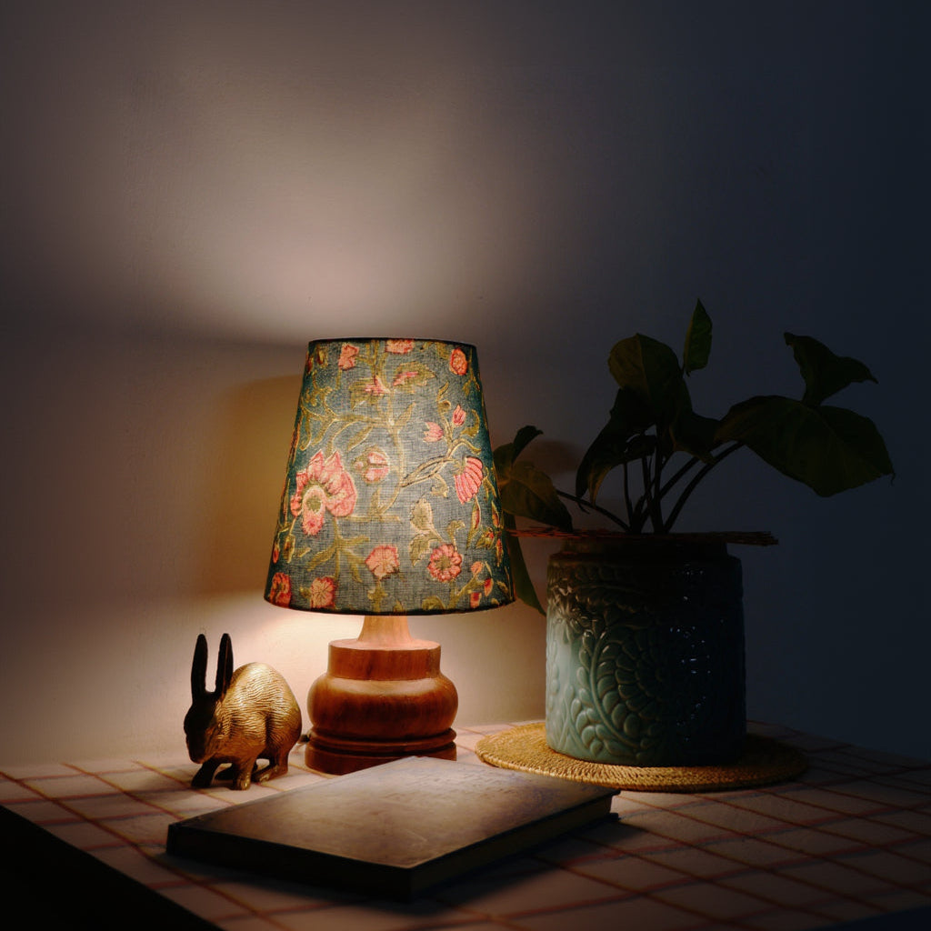 Mini Table Lamp – Handcrafted in Block Printed Fabric & Sheesham Wood