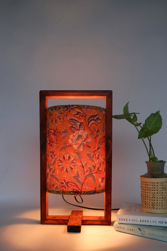 THE PLUS WOODEN TABLE LAMP CARAMEL YELLOW FLORAL PRINT