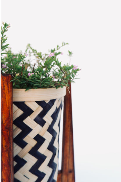 BAMBOO PLANTER WITH STAND ZIG ZAG BLUE / MEDIUM