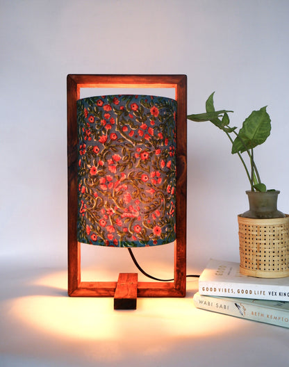 THE PLUS TABLE LAMP PEACOCK GREEN FLORAL PRINTWOODEN